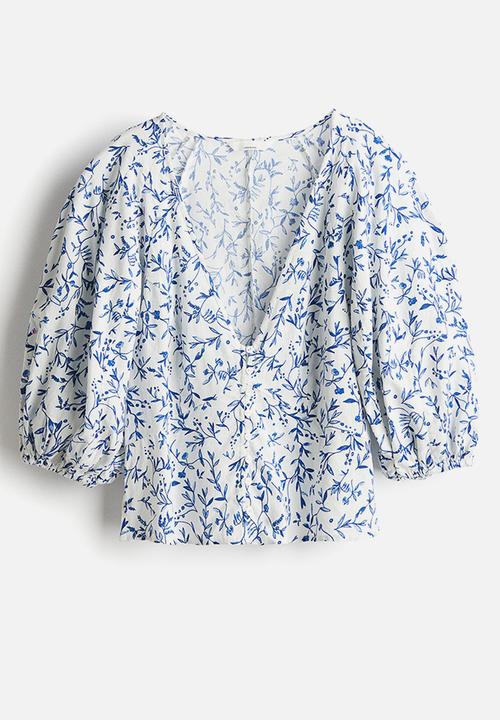 H&M - Linen-blend blouse - white blue floral 