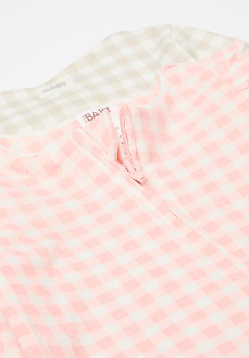 Cotton On - 2 pack long sleeve zip romper - pinky/gingham & rainy day/gingham