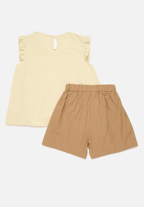 Pop Candy - Frilled top,short & bow set- ecru & brown