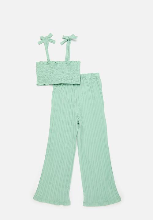 Pop Candy - Cropped smocked top & pant set - sage green