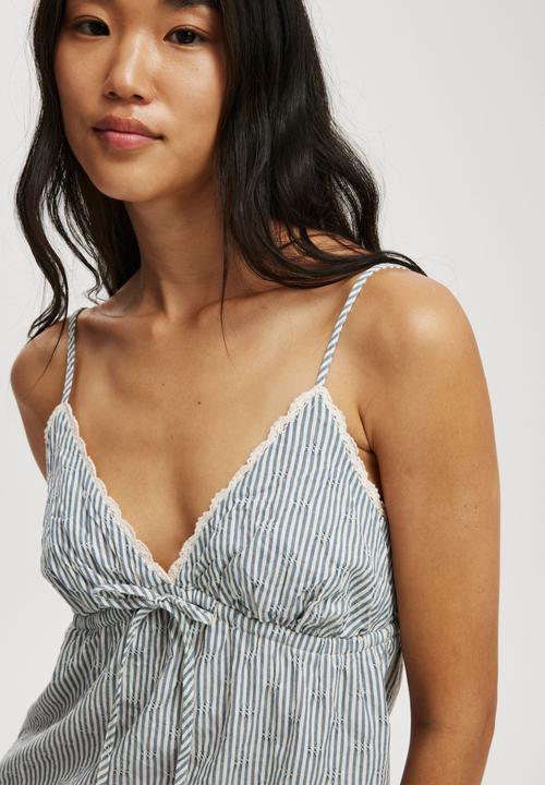 Cotton On - Cotton Lace Cami - Leni Stripe Blue/ Ecru