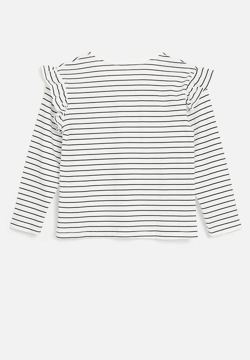 Pop Candy - Striped frilled tee-ecru & black