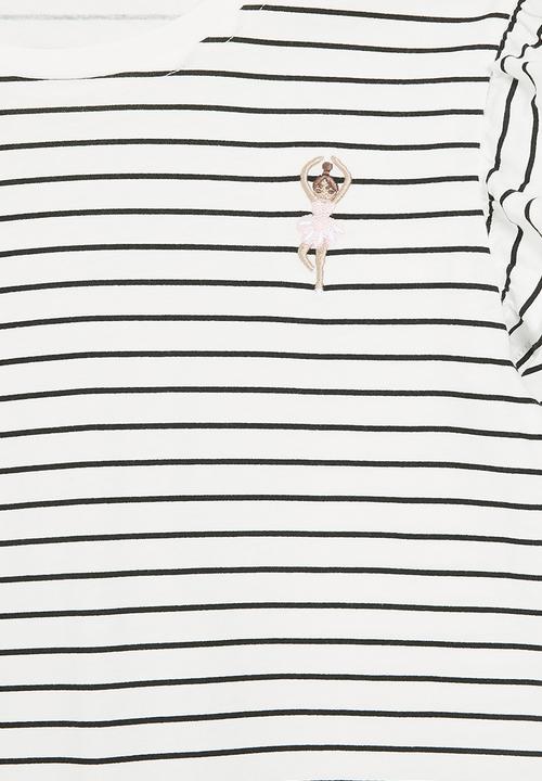 Pop Candy - Striped frilled tee-ecru & black