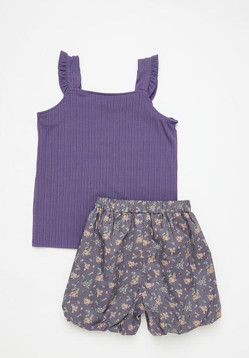 Pop Candy - Frilled top & floral short set - purple