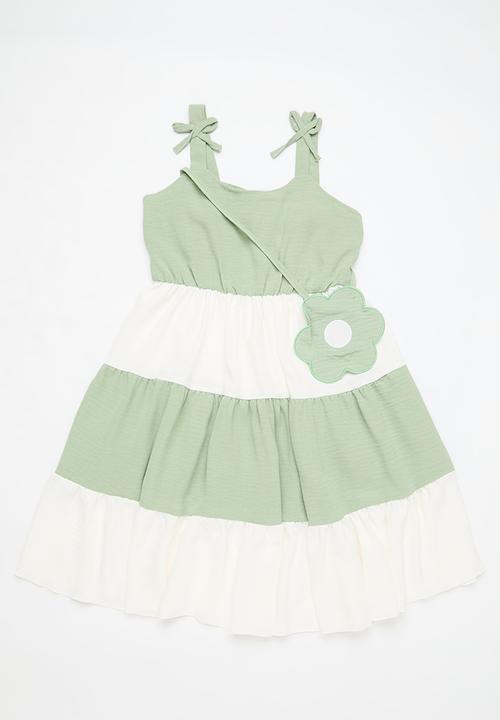 Pop Candy - Shoulder tie strap dress - sage & white