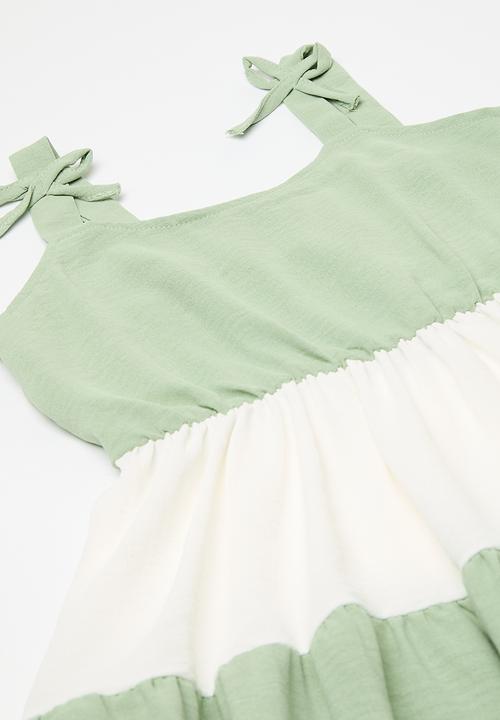 Pop Candy - Shoulder tie strap dress - sage & white