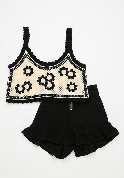 Pop Candy - Cropped cami top & short set - black & cream 