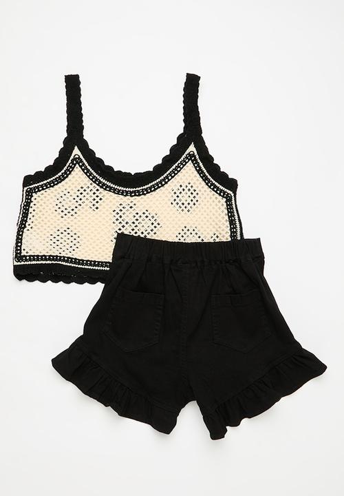 Pop Candy - Cropped cami top & short set - black & cream 