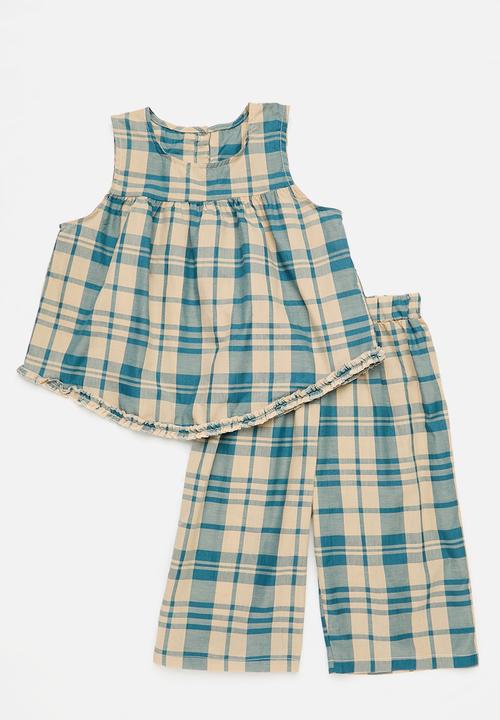 Pop Candy - Gingham top & bottom set - ecru & blue