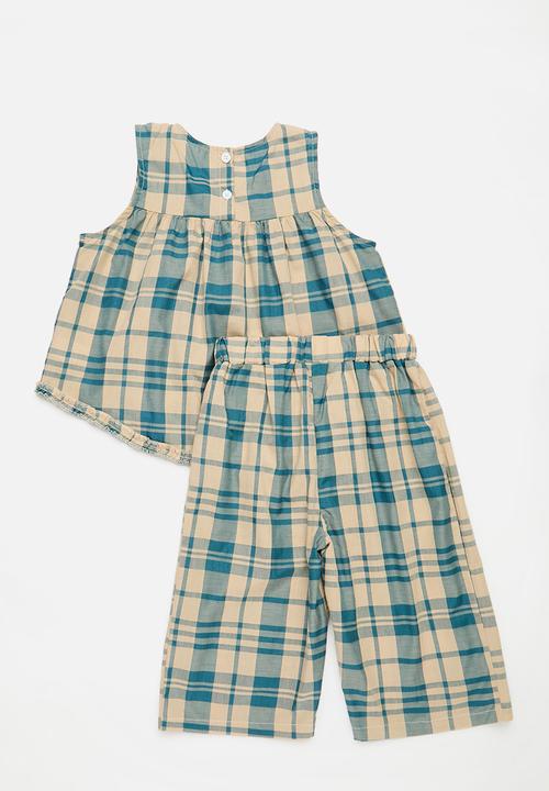 Pop Candy - Gingham top & bottom set - ecru & blue