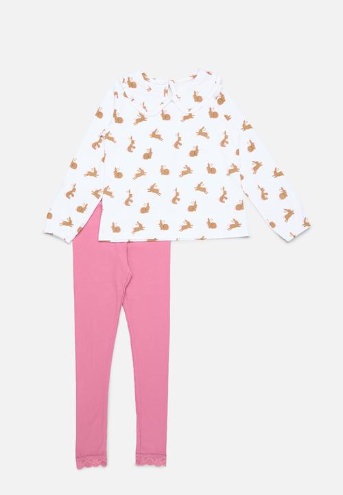 Pop Candy - Printed peter pan top & legging set-pink & white