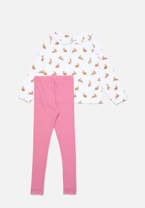 Pop Candy - Printed peter pan top & legging set-pink & white