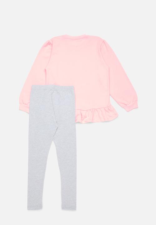 Pop Candy - Frilled hem sweat top & legging set - pink & grey 