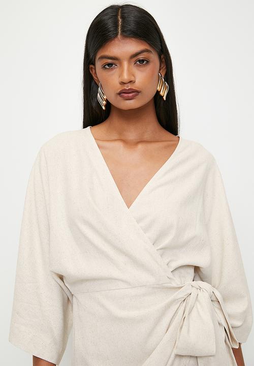 Superbalist - Linen Blend Wrap Mini Dress - Neutral