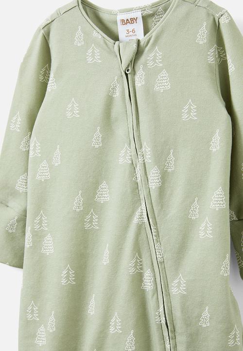 Cotton On - The long sleeve zip romper - deep sage/sketchy trees