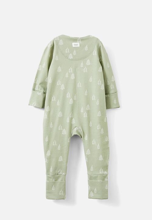 Cotton On - The long sleeve zip romper - deep sage/sketchy trees