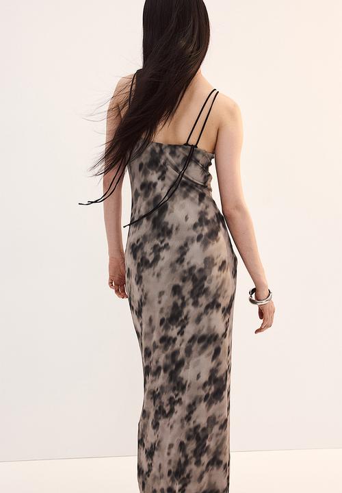 H&M - Tie-strap mesh bodycon dress - beige patterned 