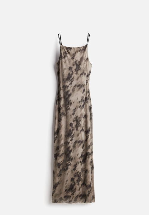 H&M - Tie-strap mesh bodycon dress - beige patterned 