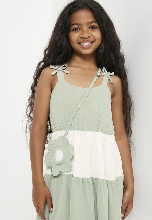 Pop Candy - Shoulder tie strap dress - sage & white