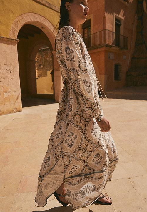 H&M - Balloon-sleeved dress - beige patterned