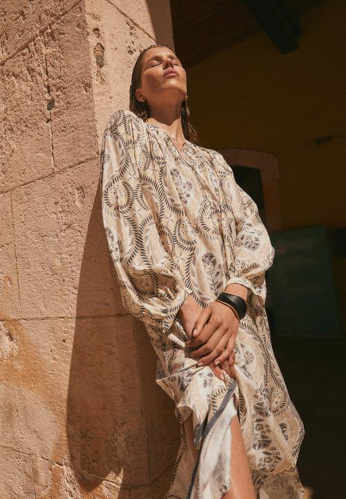 H&M - Balloon-sleeved dress - beige patterned