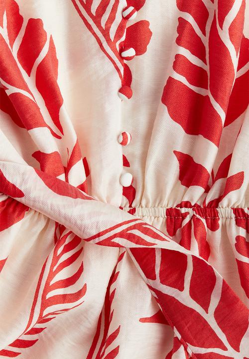 H&M - Tie-belt dress - cream & red patterned