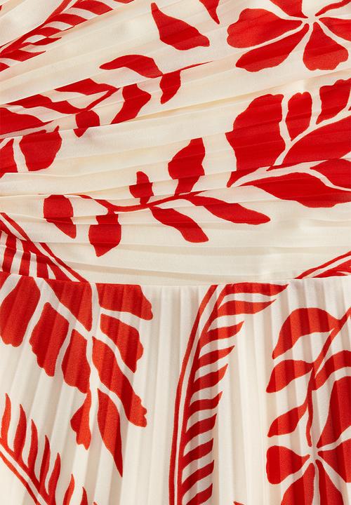 H&M - Pleated one-shoulder dress - cream & red patterned