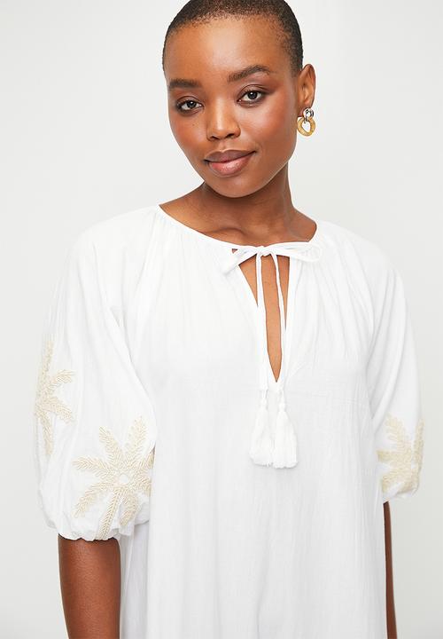 edit - Puff sleeve embroidery dress - white