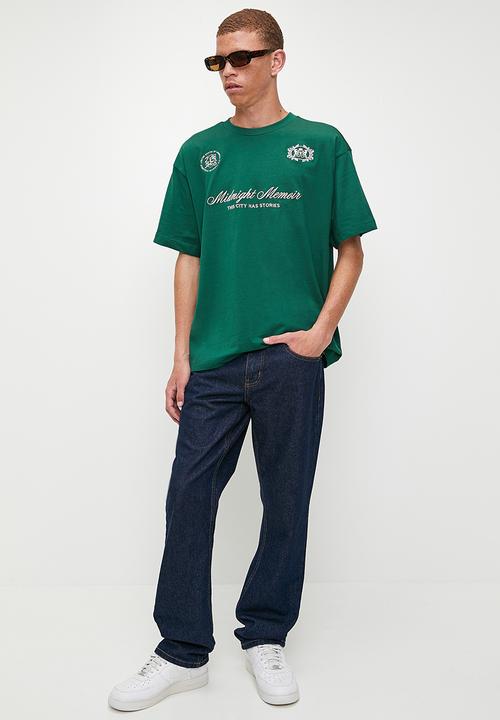 Cotton On - Box Fit Text T-Shirt - Evergreen/Midnight Memoir