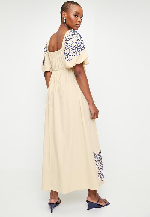 edit - Square neck puff sleeve fit & flare dress - neutral