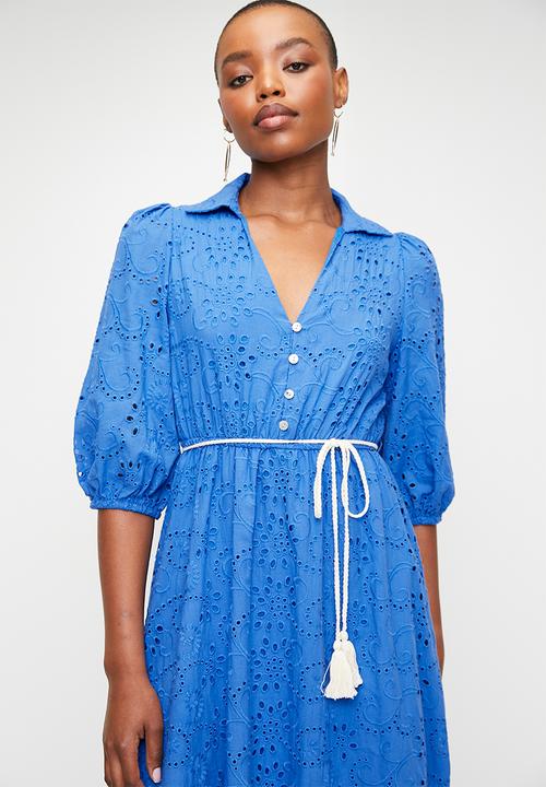 edit - Button thru anglaise shirt dress with belt - blue