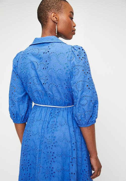 edit - Button thru anglaise shirt dress with belt - blue