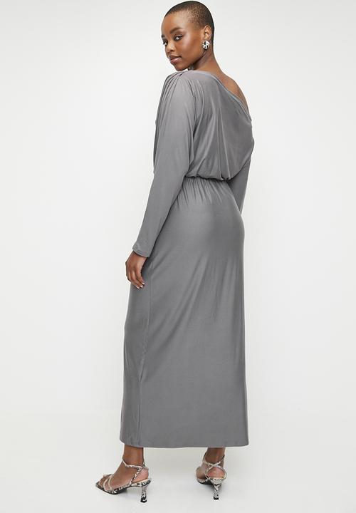 edit - Slash Neck Soft Waist Midi Dress - Grey