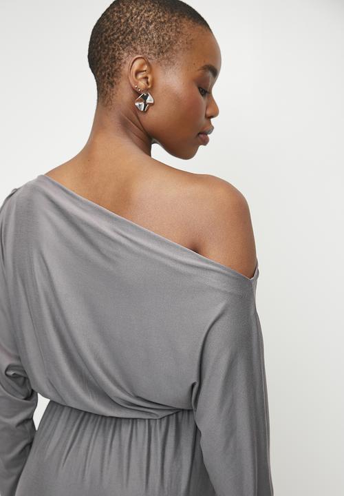 edit - Slash Neck Soft Waist Midi Dress - Grey