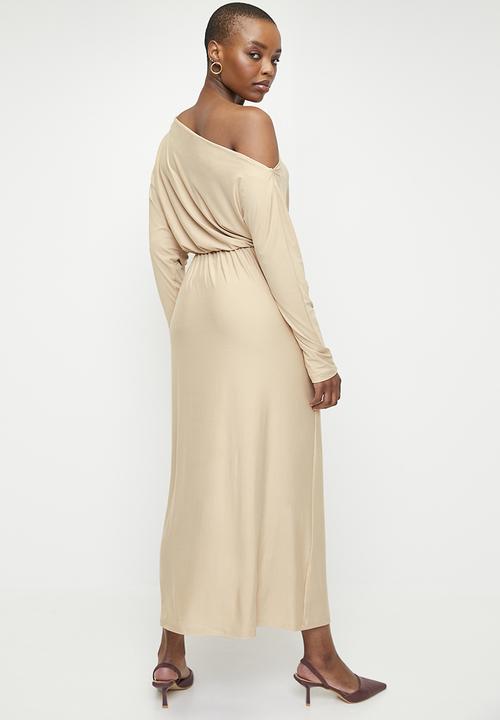 edit - Slash Neck Soft Waist Midi Dress - Neutral
