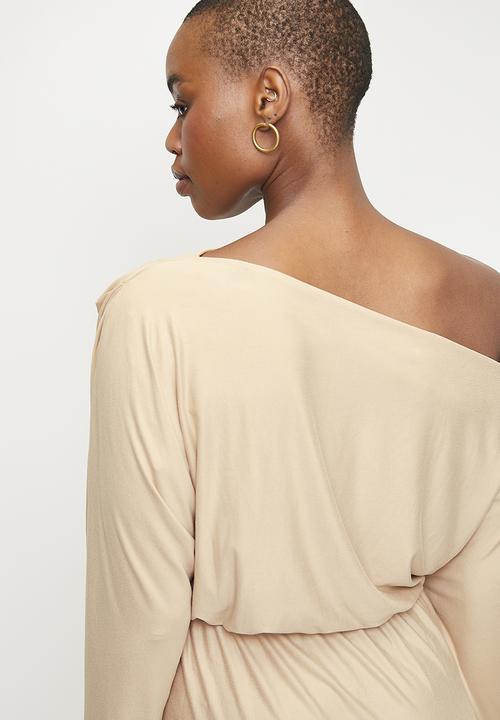 edit - Slash Neck Soft Waist Midi Dress - Neutral