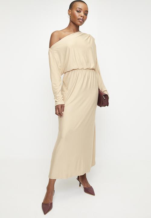 edit - Slash Neck Soft Waist Midi Dress - Neutral