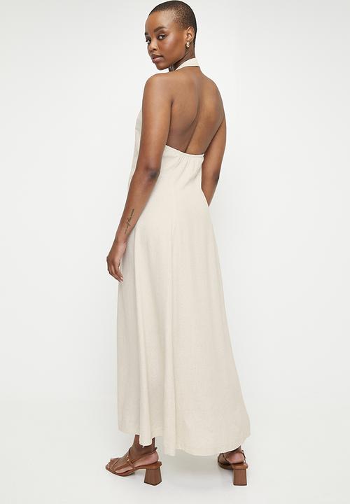edit - Linen Blend Halter Midi Dress - Neutral