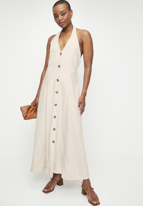edit - Linen Blend Halter Midi Dress - Neutral