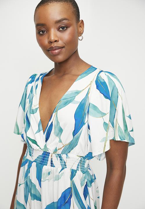 edit - Flutter Sleeve Wrap Fit & Flare Dress - Blues Artful leaf