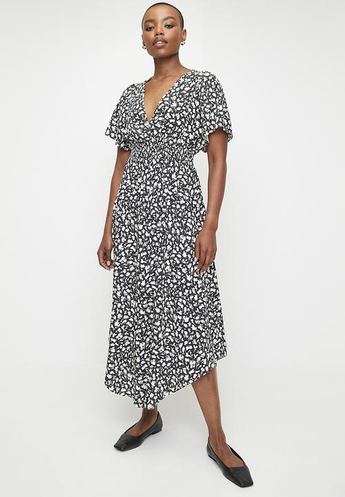 Flutter Sleeve Wrap Fit & Flare Dress - Black Mono Foliage Ditsy