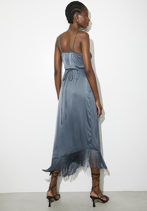 navy blue dress for baby girl Mango Asymmetrical Satin Dress With Fringes in Metallic main image 0