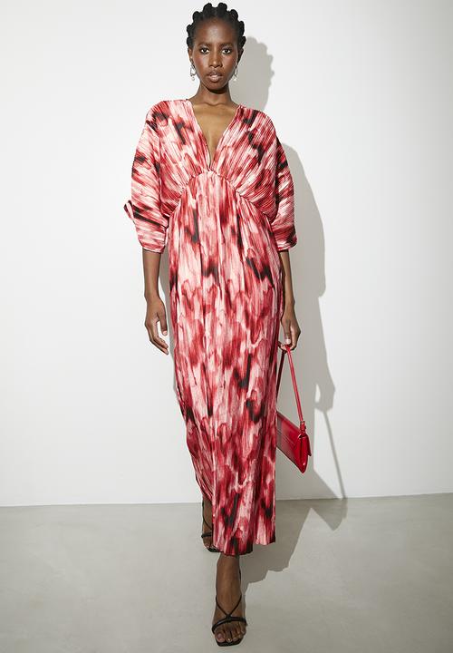 Dolman sleeve pleated maxi dress - Red Diffusion Watercolour