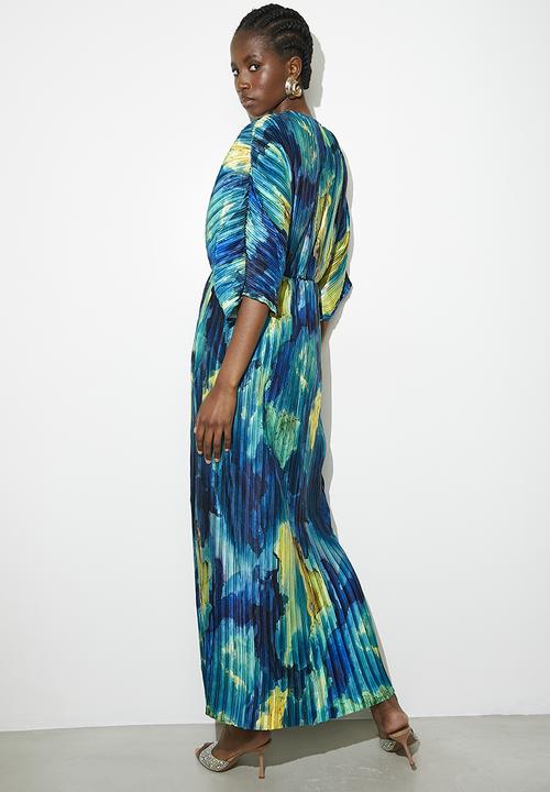 Dolman sleeve pleated maxi dress - Azure Blue Watercolour