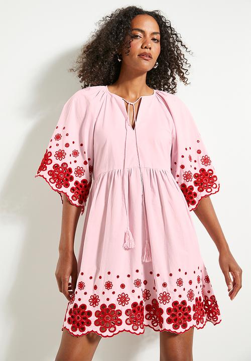 Embroidery babydoll mini dress - red/pink