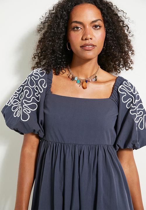 edit - Square neck puff sleeve fit & flare dress - navy