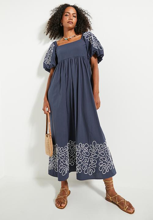 edit - Square neck puff sleeve fit & flare dress - navy