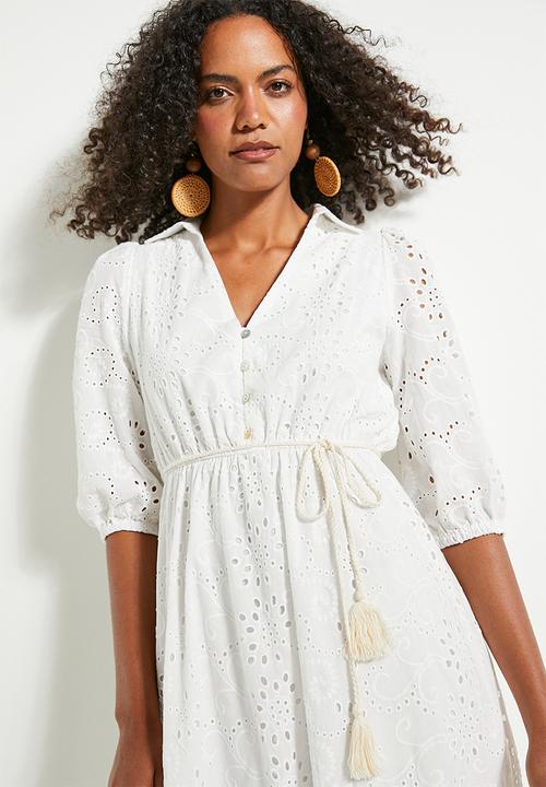 edit - Button thru anglaise shirt dress with belt - ivory