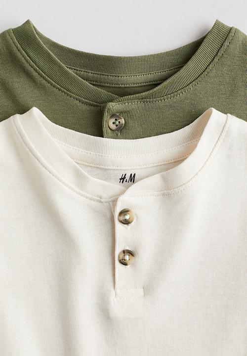 H&M - 2-pack henley T-shirts - Khaki green/White