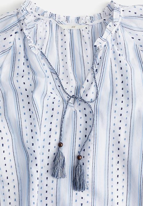 H&M - Drawstring-detail cotton blouse - white & blue striped